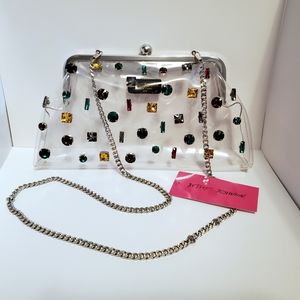 Betsey Johnson New York Clear Rhinestone Clutch Purse with Crossbody Chain
